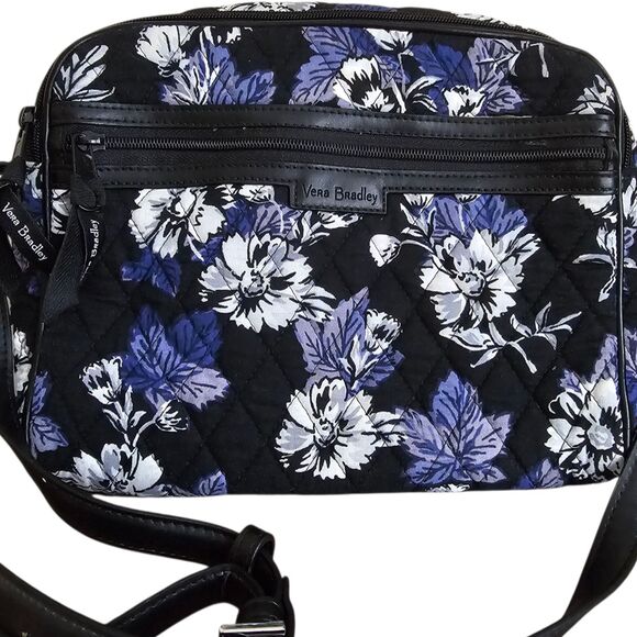 Vera Bradley Quilted Crossbody Bag with Black Lavender Floral Pattern and Faux - Picture 1 of 6